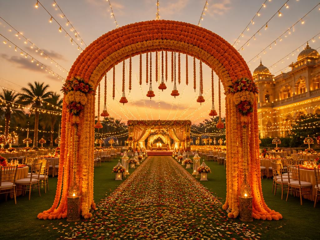 Festive wedding venue prepared for a celebration